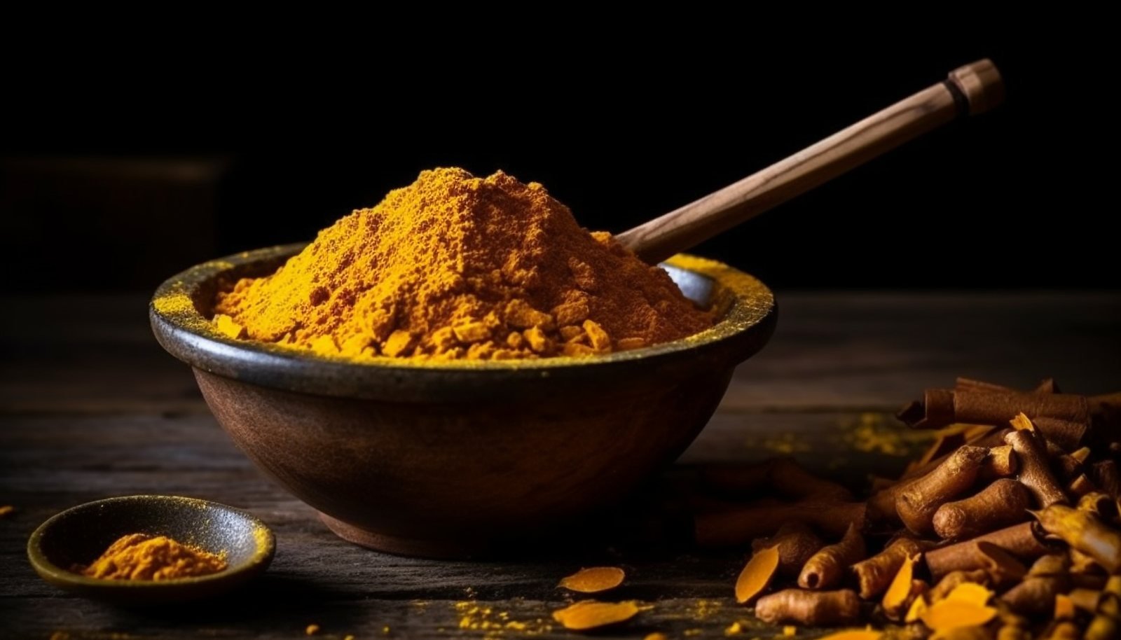 Premium Indian turmeric powder and whole fingers in a rustic bowl